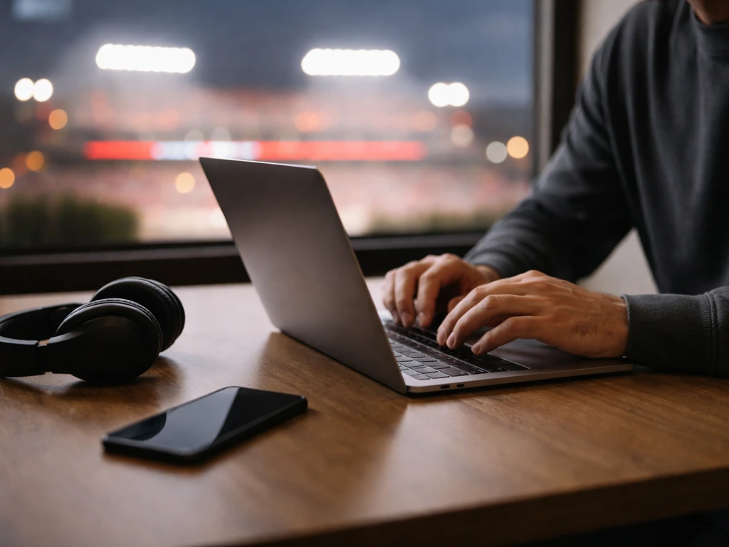 Anonymous analyst at a desk with laptop and headphones, with blurred sports arena lights in the background.