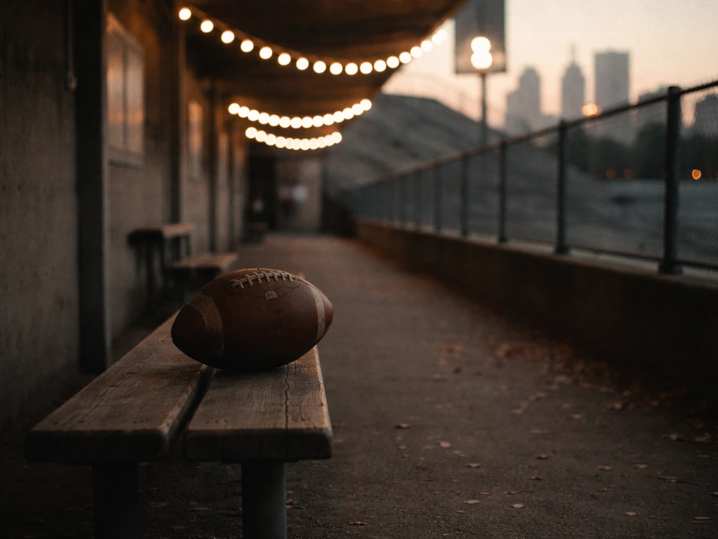 Vintage stadium walkway with a worn football on a bench, hinting at NFL career earnings context.