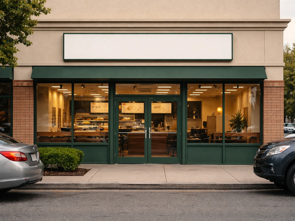 Minimal street view of an anonymous sandwich shop storefront with warm window light, no people.