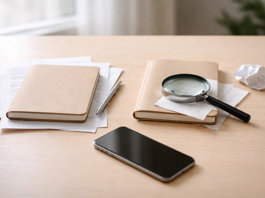 Desk scene with a smartphone, documents, and a magnifying glass comparing trustworthy vs questionable sources.