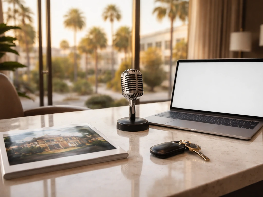 Luxury Beverly Hills real-estate desk with microphone, keys, and golden-hour window view
