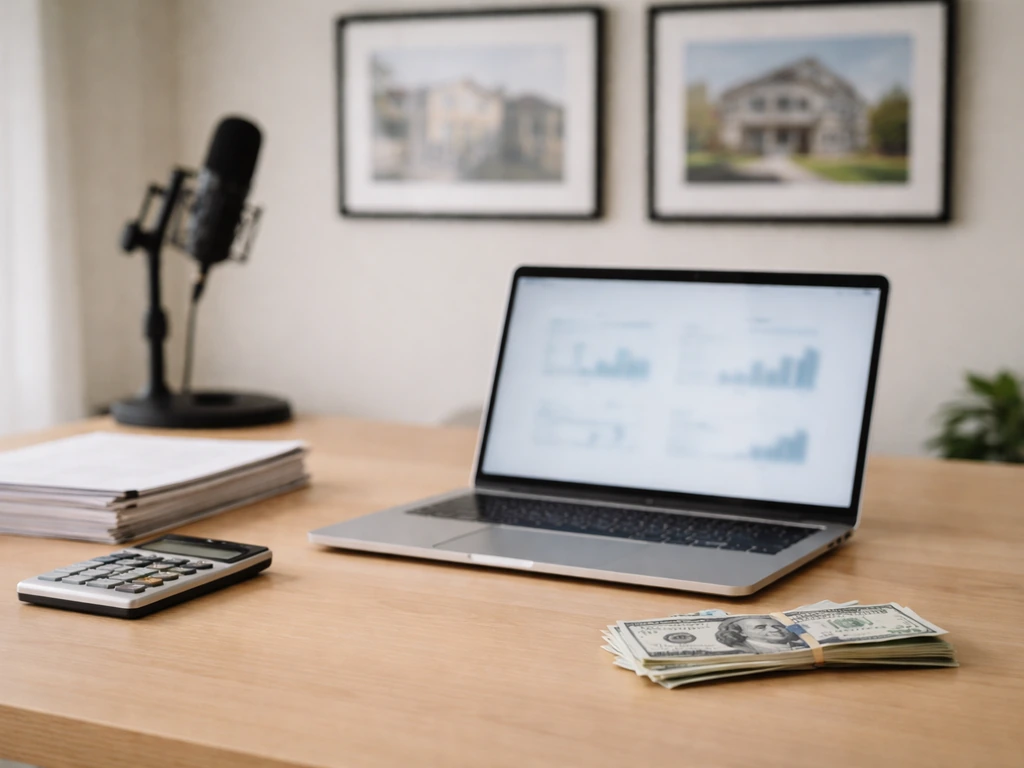 Minimal desk scene with scattered business papers and a small stack of cash, symbolizing a net-worth breakdown.