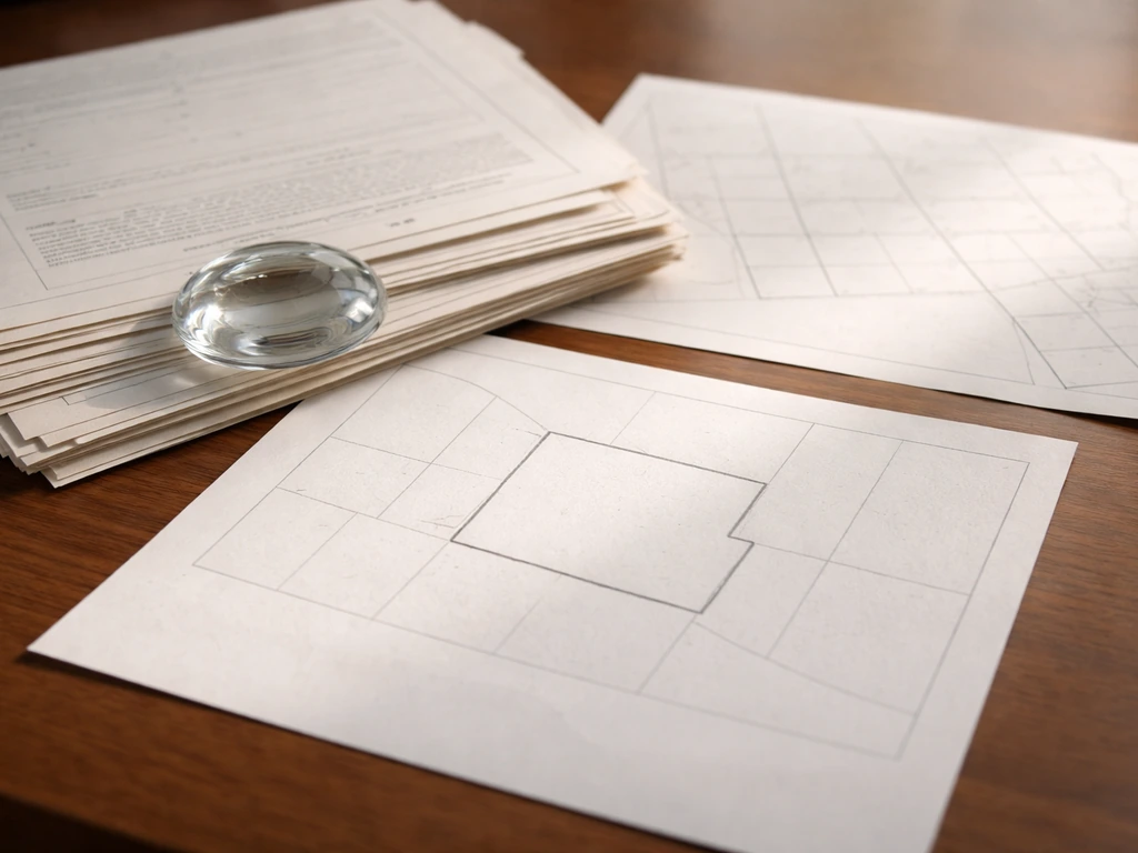 Close-up of deed and parcel record documents with a faint parcel-outline map on a desk.