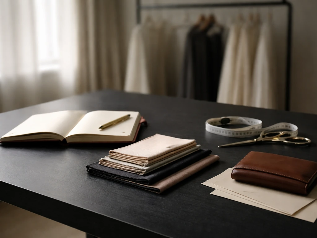 Fashion studio scene with a neatly lit work desk, fabric swatches, and a polished leather wallet symbolizing creative we