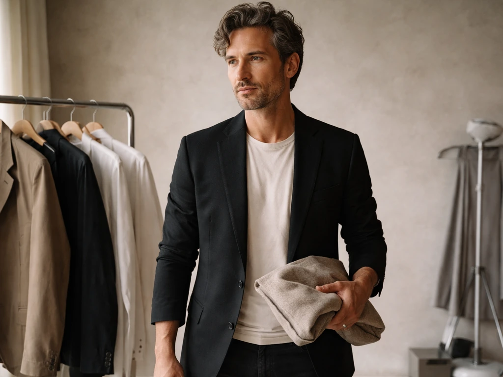 Humberto León in a minimal studio setup with fashion garments and a soft spotlight background