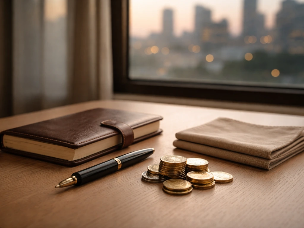 Minimal close-up of a glass desk with a small leather notebook, coins, and a blurred city skyline at dusk