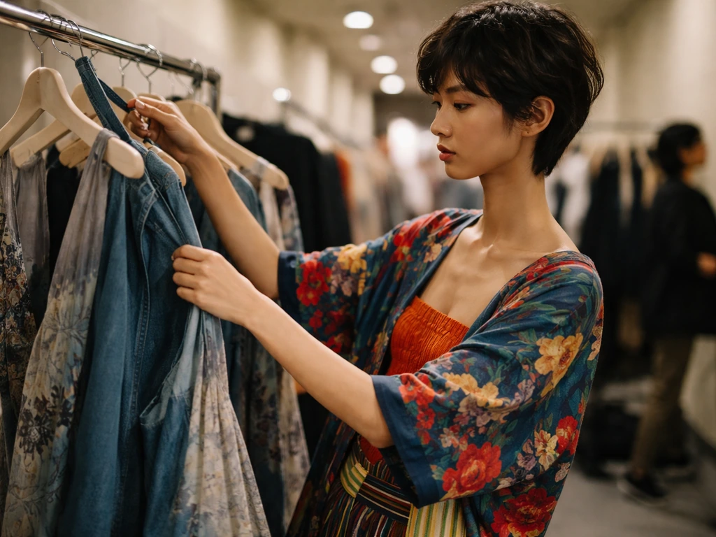 Model adjusting a garment on a backstage rack with soft runway lights in the background.