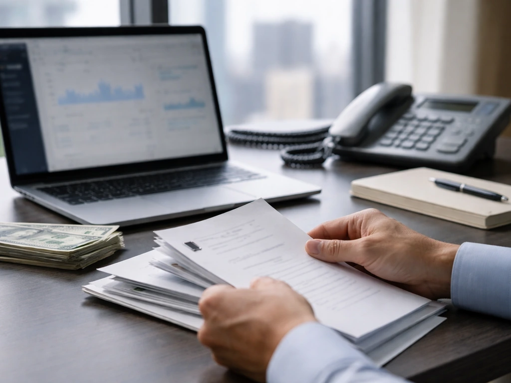 Anonymous finance desk scene with blurred laptop and documents suggesting merchant cash advance work