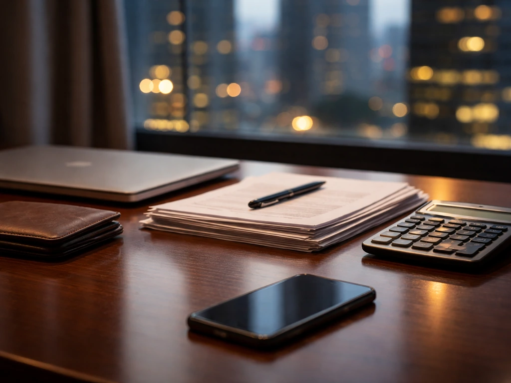 Minimal finance desk scene with documents, calculator, and smartphone in natural light, no people or text.