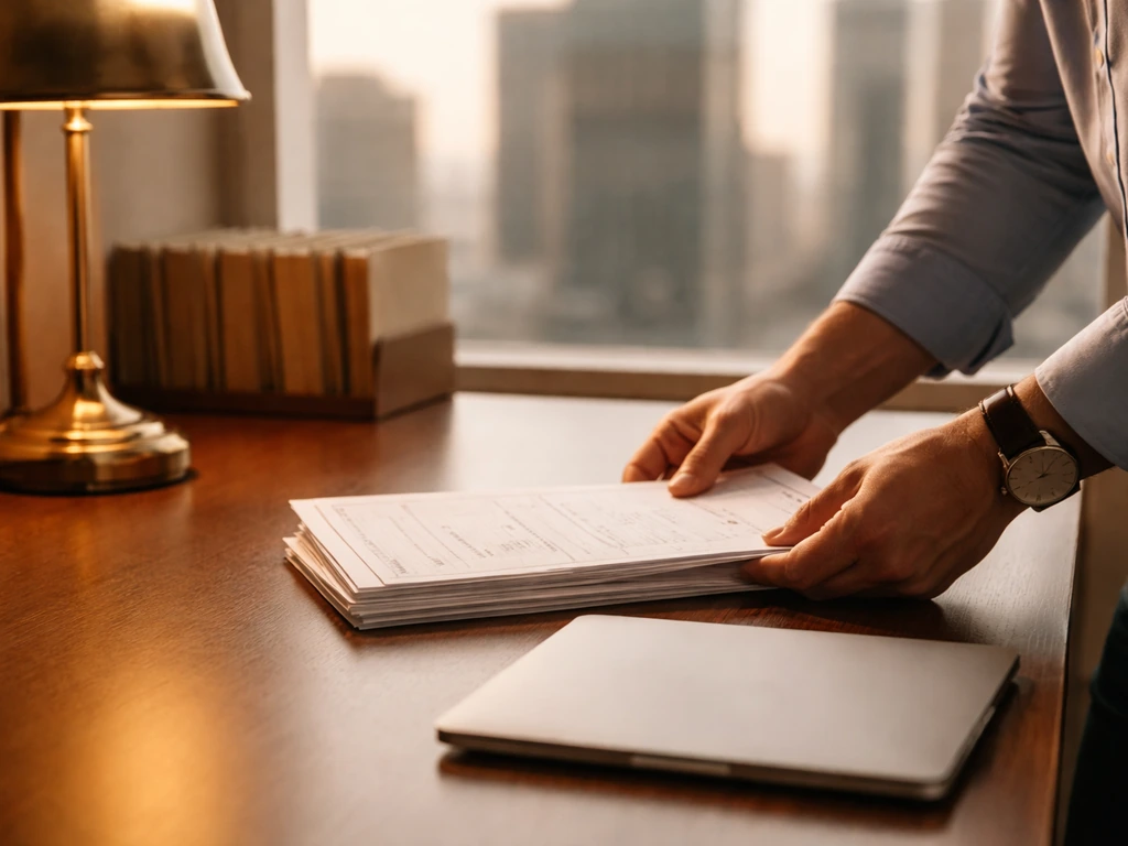 Anonymous hands on a business desk with invoices and a laptop, city view in the background.