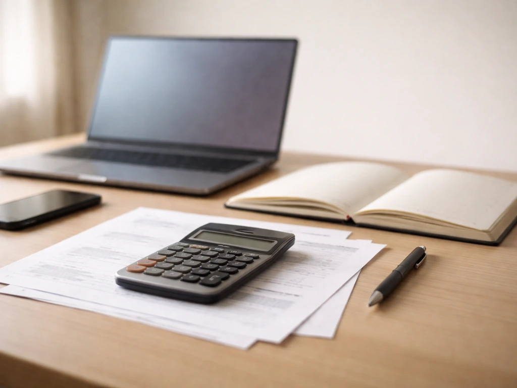 Minimal desk scene with a calculator, laptop, and scattered documents symbolizing income sourcing methodology.