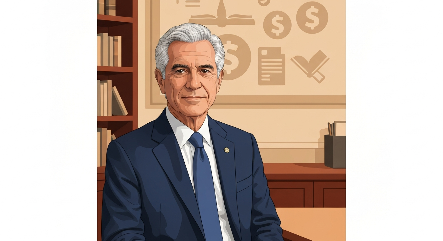 Illustration of a senior bank executive in a navy suit in an office setting, editorial style, non-photorealistic