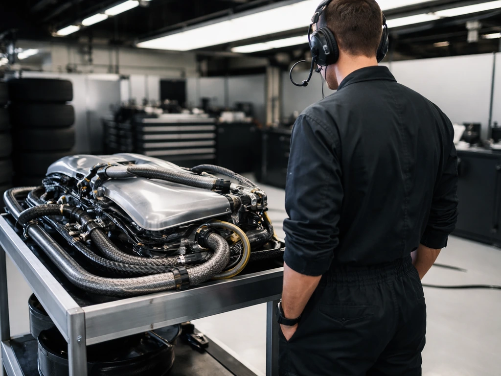 Anonymous F1 garage engineer beside Mercedes-style race car components and tools.