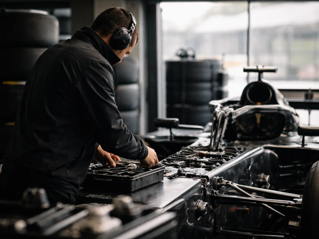 Mercedes F1 garage scene with an engineer-like figure working near a car, conveying career income