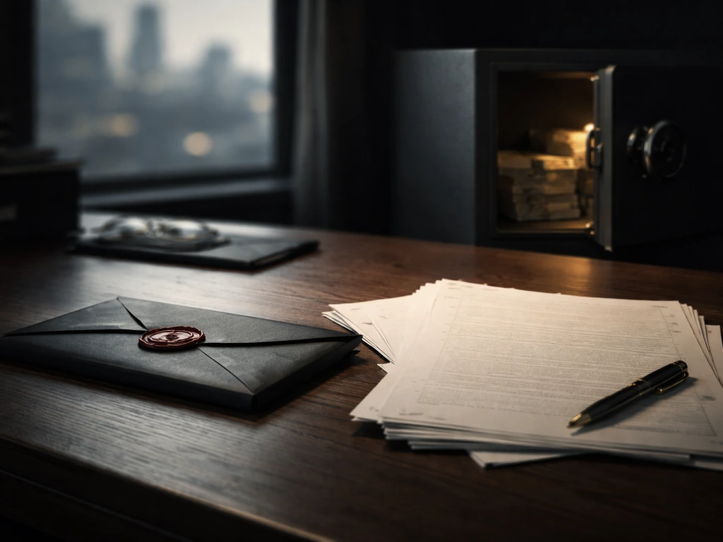 Dim office desk with scattered legal papers and a sealed envelope, symbolizing financial risk