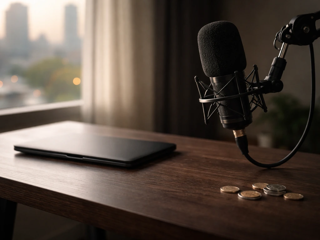 Minimal podcast studio desk with microphone and scattered coins, symbolizing creator wealth and business value.