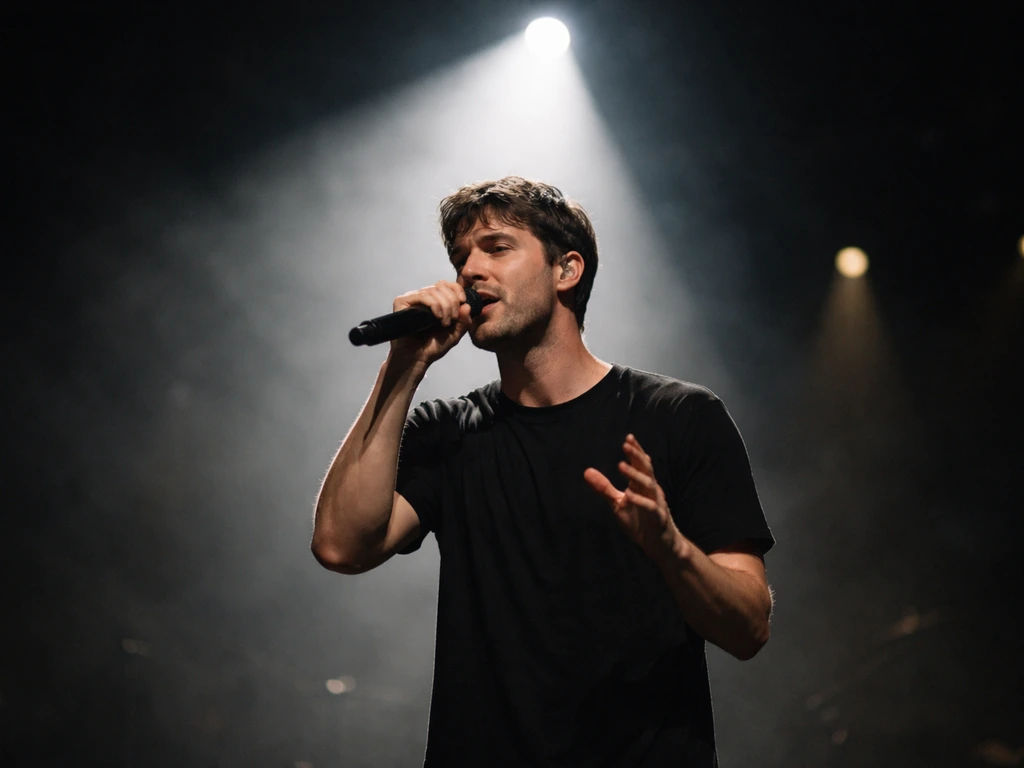 Anonymous male singer performing under a spotlight on a dim concert stage with soft haze.
