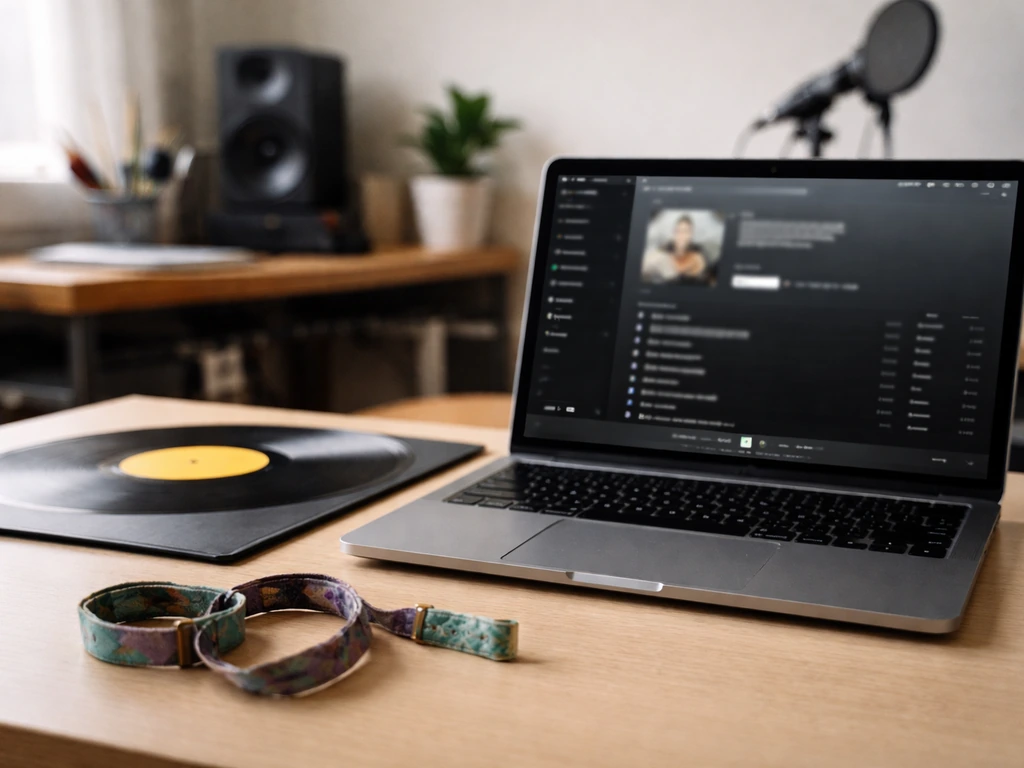 Desk with vinyl, wristbands, and laptop streaming page blur suggesting music income estimation