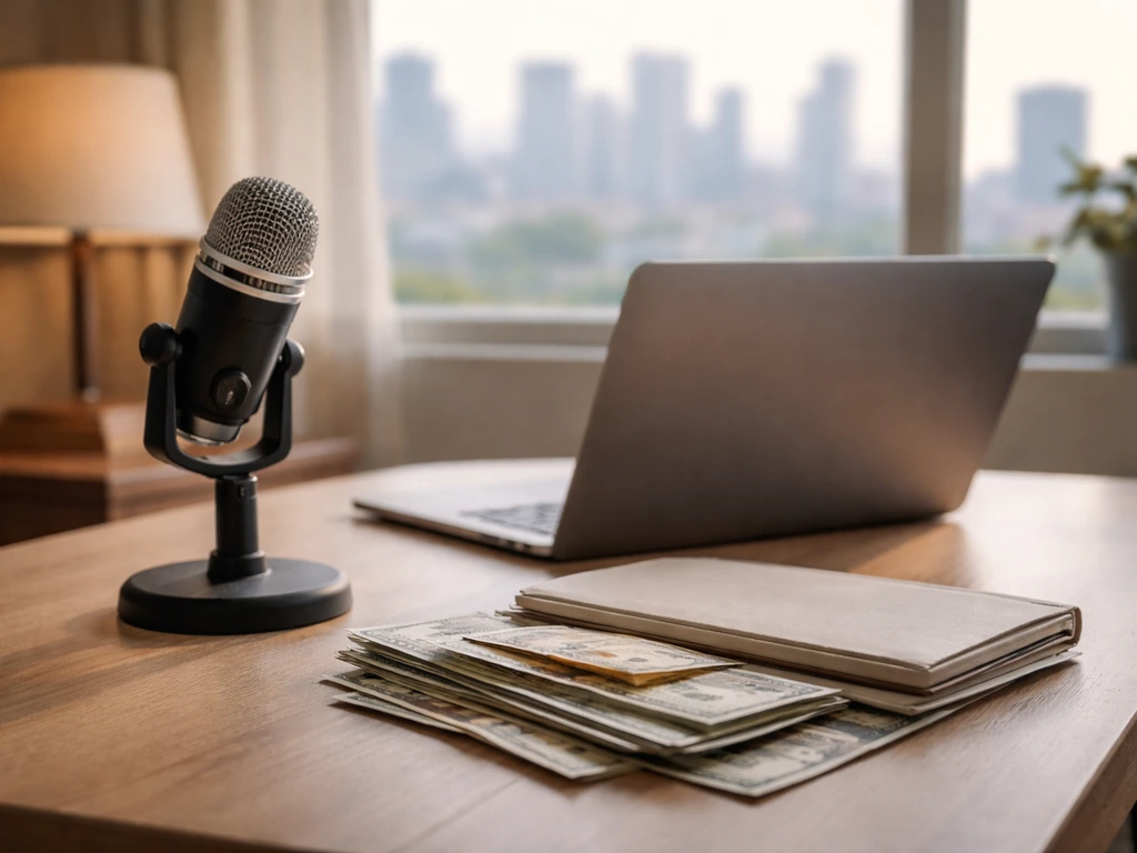 Minimal desk scene with a microphone and cash envelopes, symbolizing entertainment wealth comparisons.