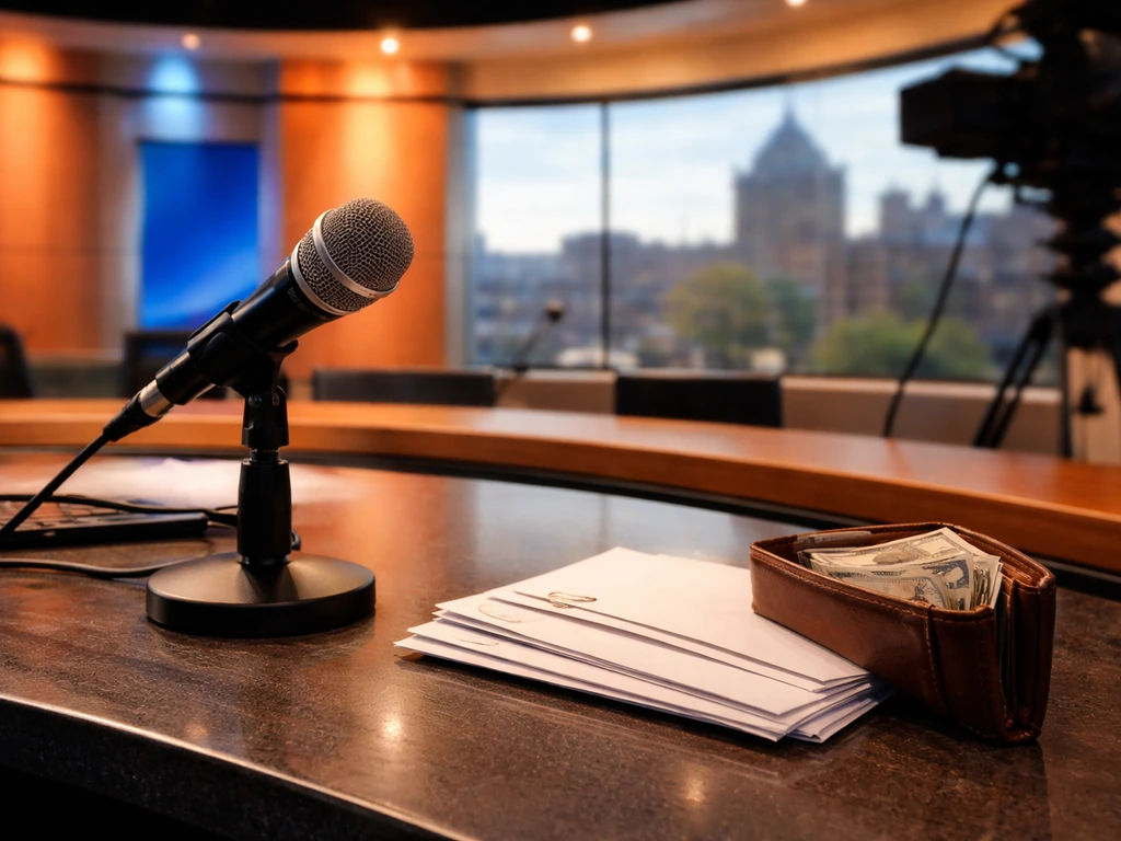 Minimal TV news studio desk with microphone and subtle money-related objects, no people visible.