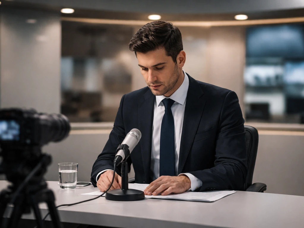 Anonymous TV news anchor at a newsroom desk with a small studio camera in an Allentown-style setting