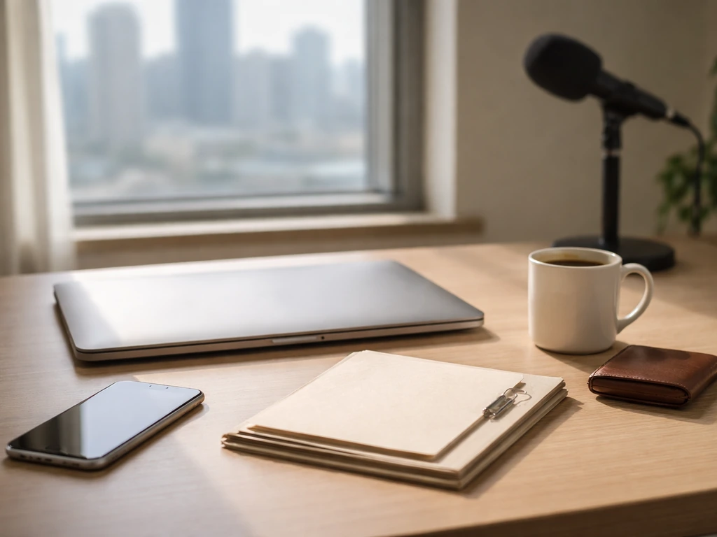 Minimal office desk with laptop, documents, and media studio microphone suggesting a net worth calculation approach.