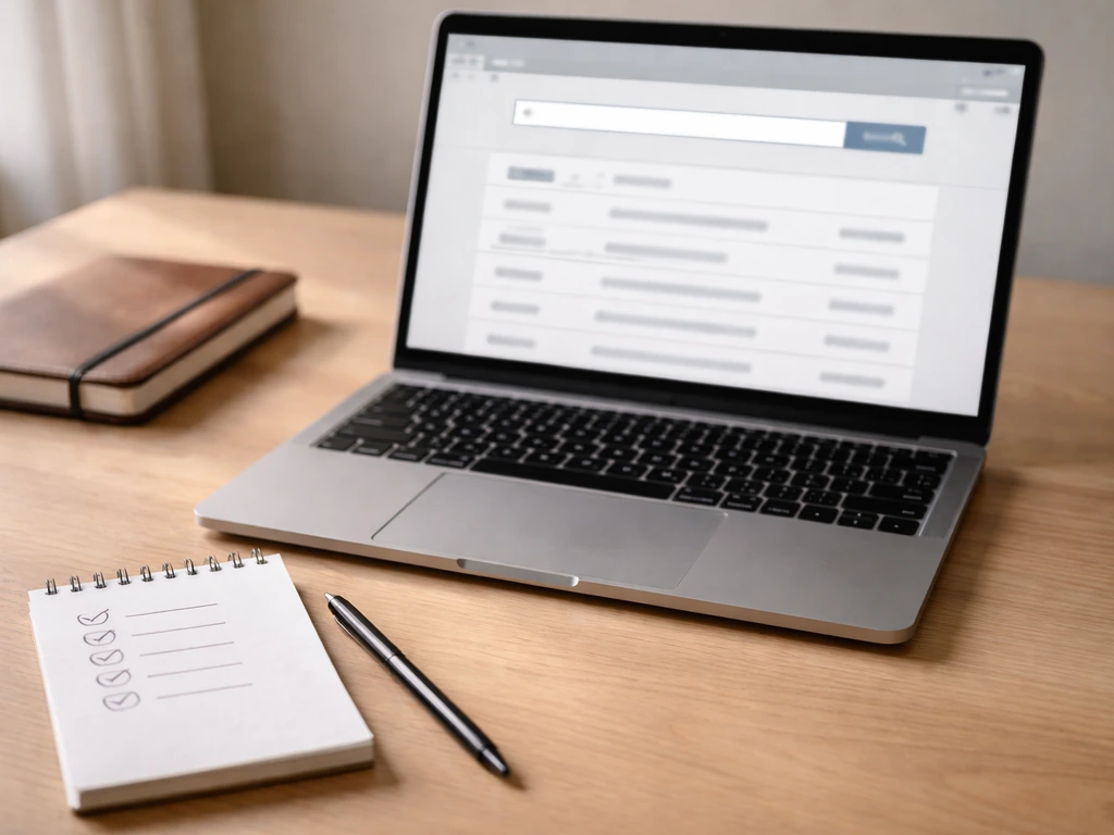 Minimal desk scene showing a laptop with a generic property-record search results page and a checklist note.