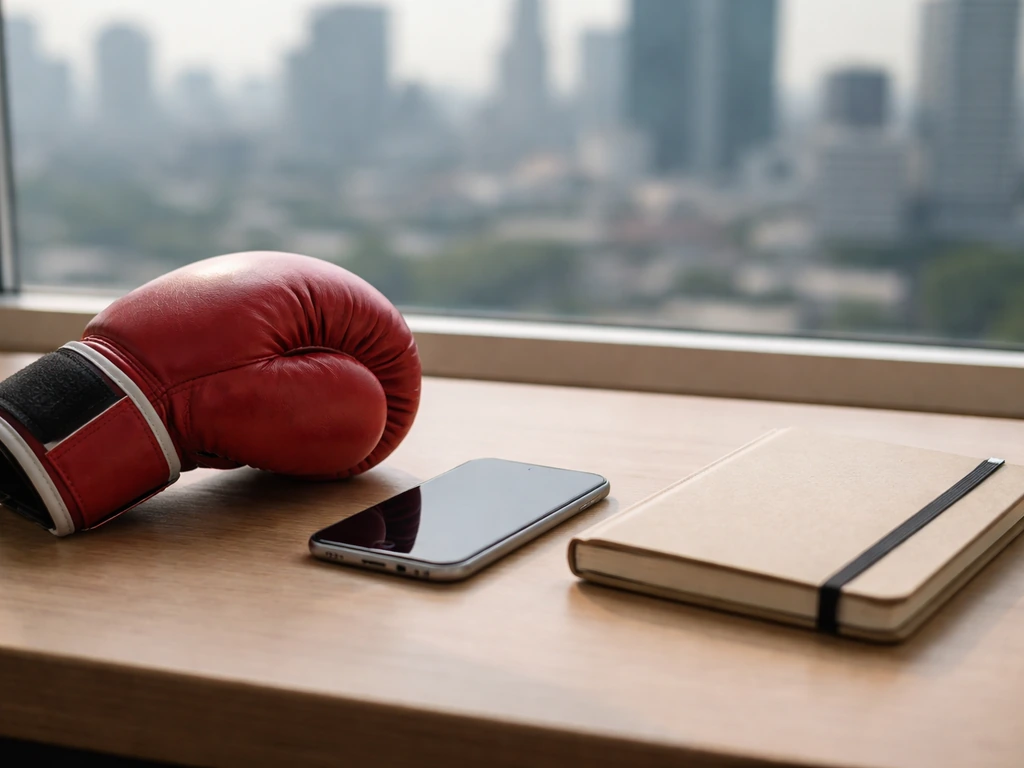 A boxing glove on a desk beside a smartphone, with a blurred city view suggesting sports-media name clarification.