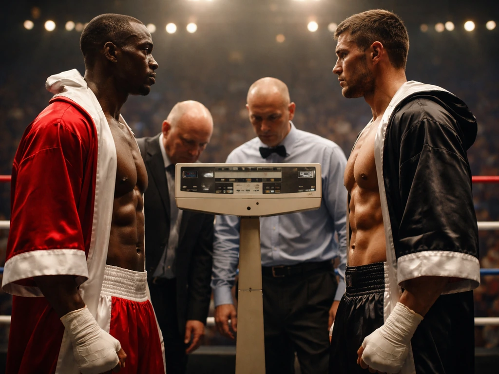 Boxing arena weigh-in vibe with two anonymous fighters and officials facing off before a 2006-style bout