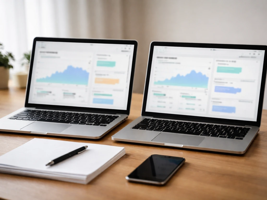 Two laptops side-by-side showing different net-worth-style pages, anonymous and text-free, symbolizing inconsistent esti