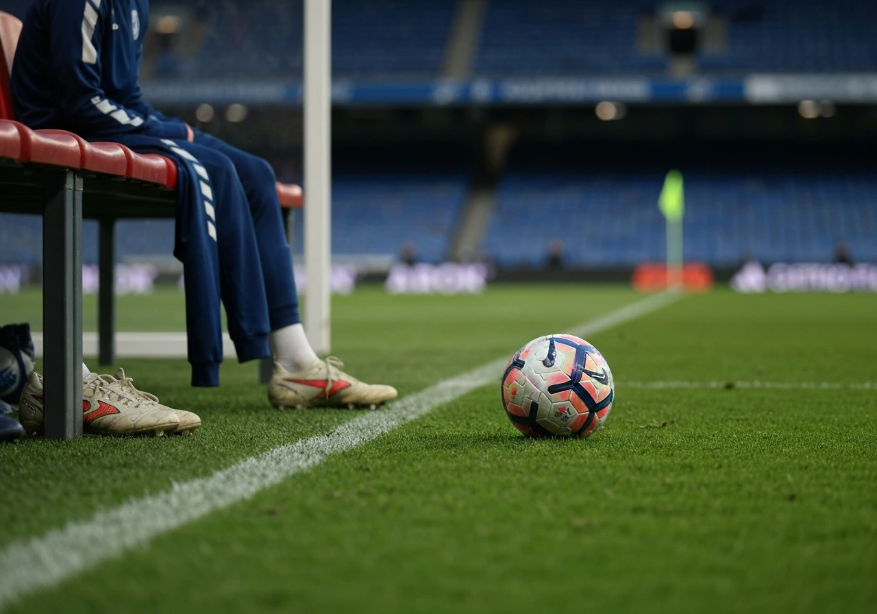 Football near the sideline with worn boots and jacket, blurred stadium background, no identifiable players.