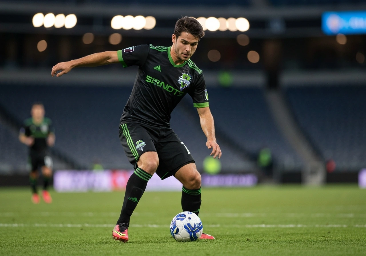 Anonymous striker in dark green soccer kit controlling a ball in an empty, softly lit stadium.