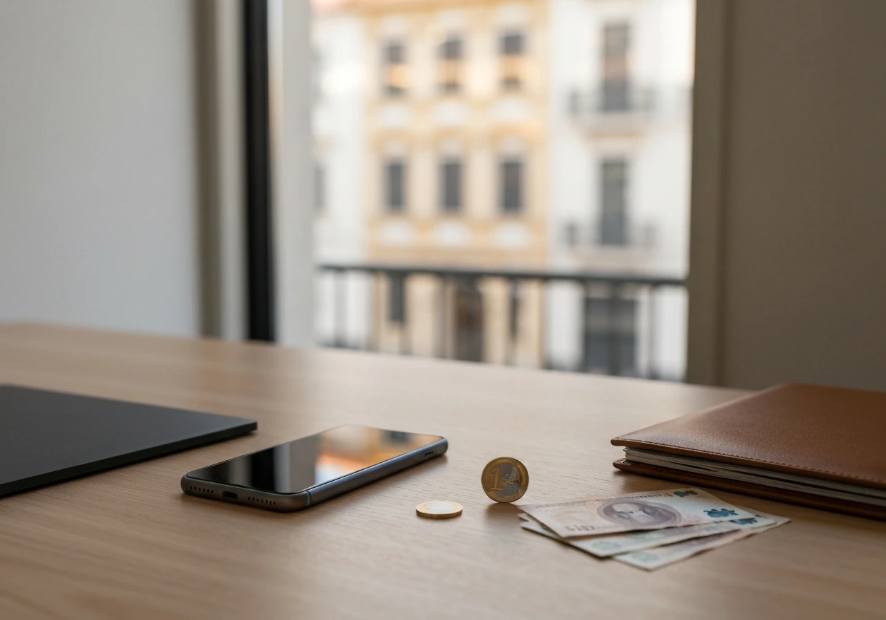 Minimal desk scene with Euro money and a smartphone near a blurred Portuguese street.