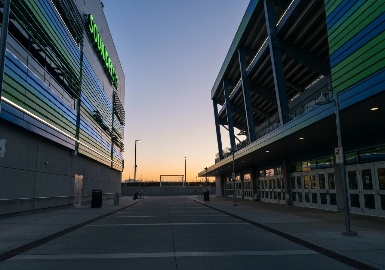 Seattle football stadium exterior at dusk with muted branding colors and empty walkway, symbolizing a later-career retur
