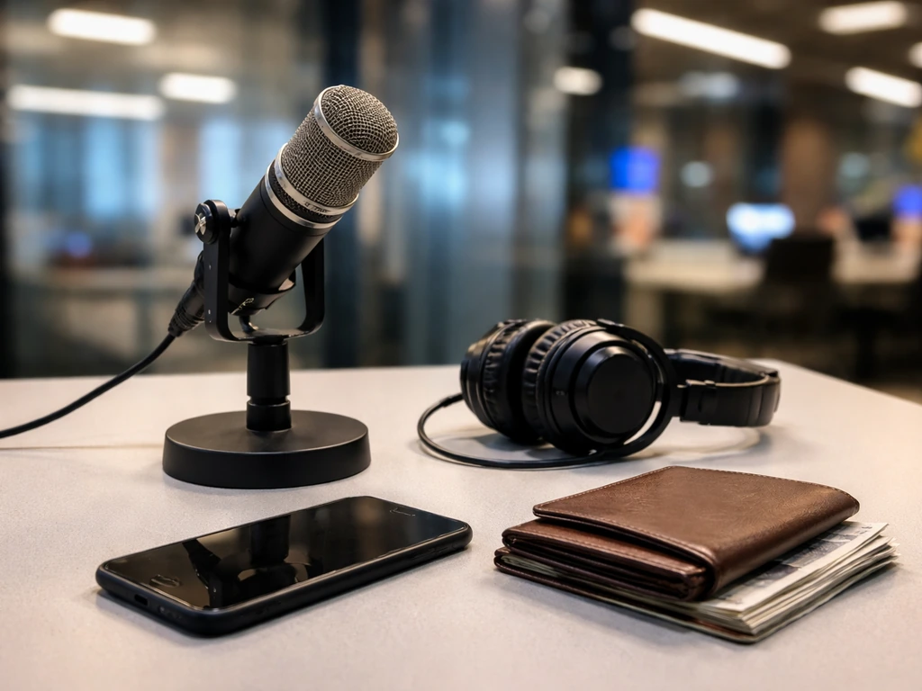 Minimal newsroom desk scene with a studio microphone, headphones, and money symbolizing media wealth research.