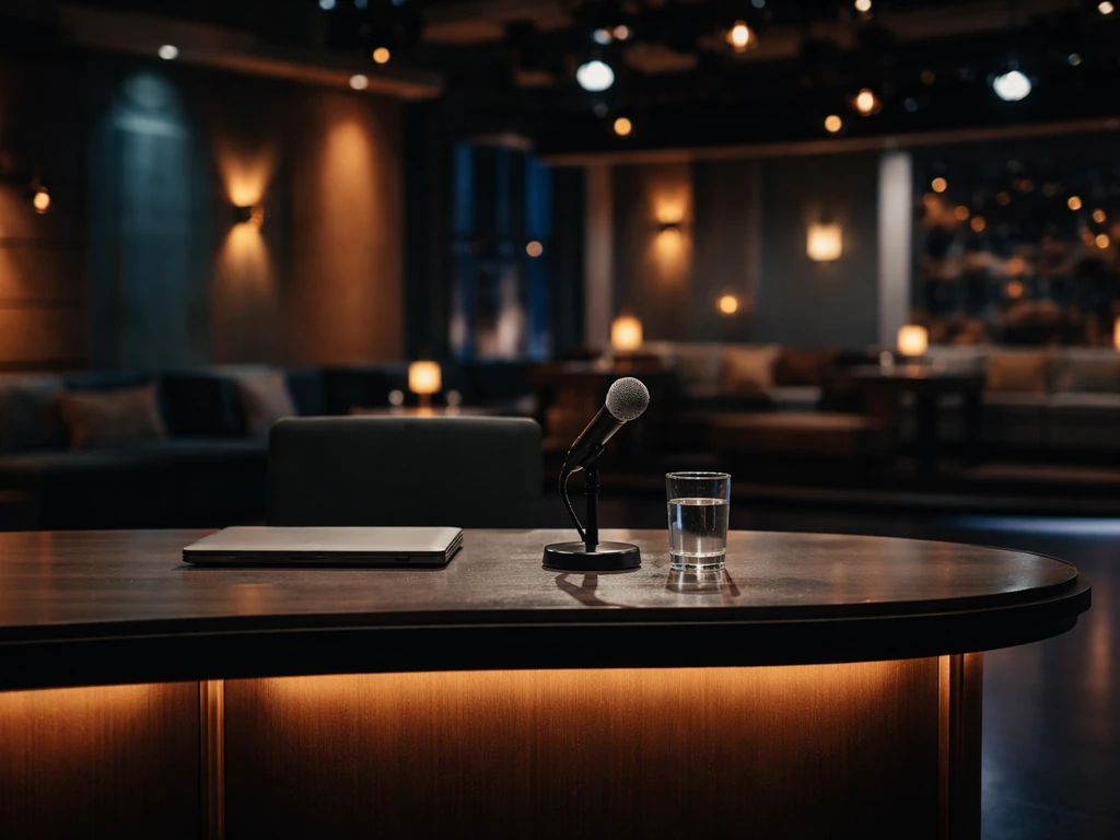 Empty Dutch late-night talk show studio with desk, microphones, and stage lights