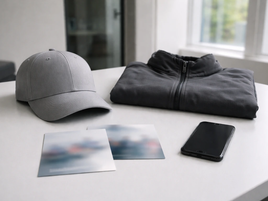 Desk with minimal campaign-style items—cap, jacket, and blank promo cards—suggesting sponsorship work.