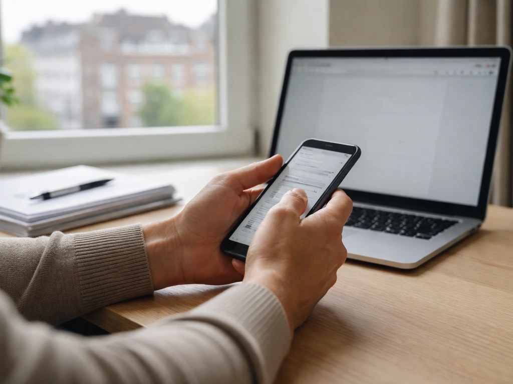 Anonymous hands checking company records on phone and laptop at a minimal desk with business documents.
