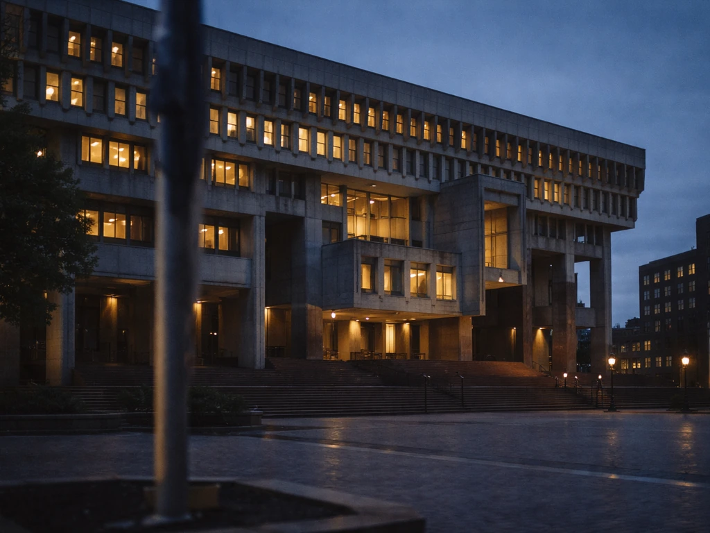 Quiet Boston city hall exterior at dusk, suggesting political leadership and public service