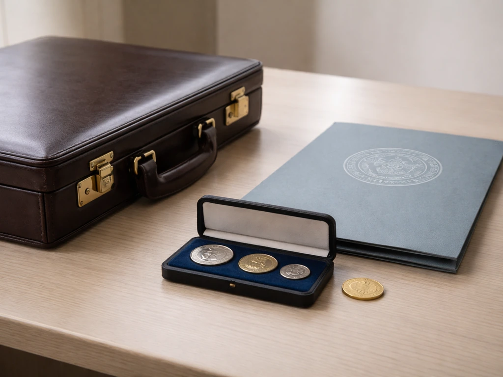 Government-style pay and retirement symbols beside a civic briefcase on a simple desk