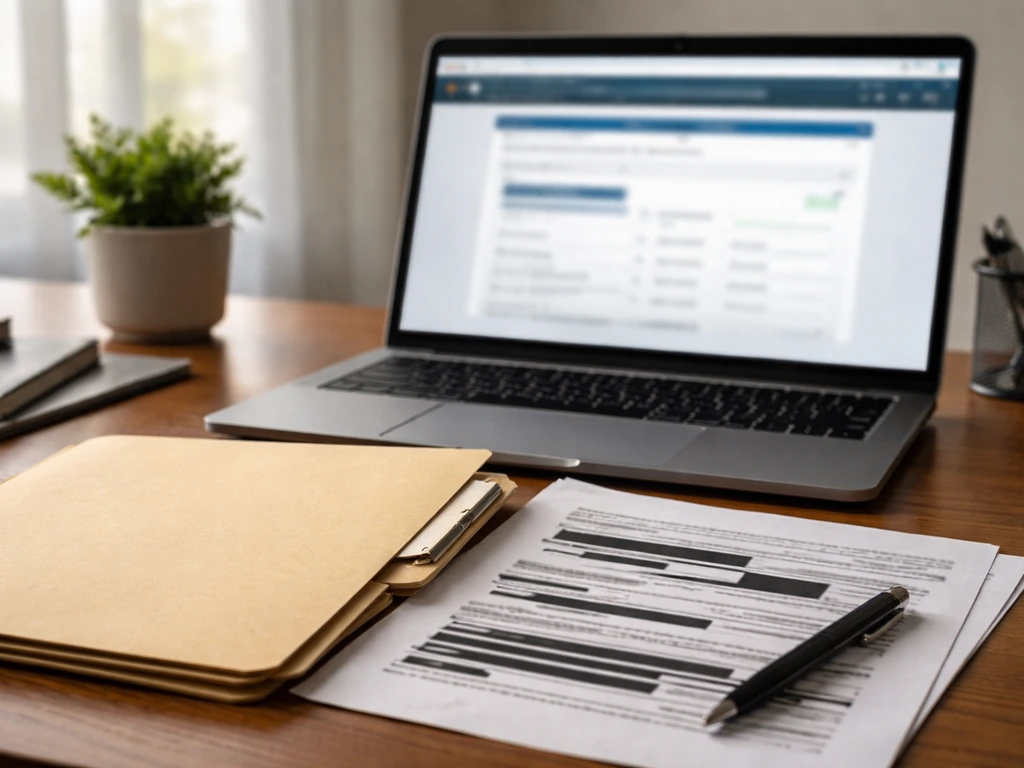 Laptop on desk showing blurred online ethics filing portal with a paper folder nearby