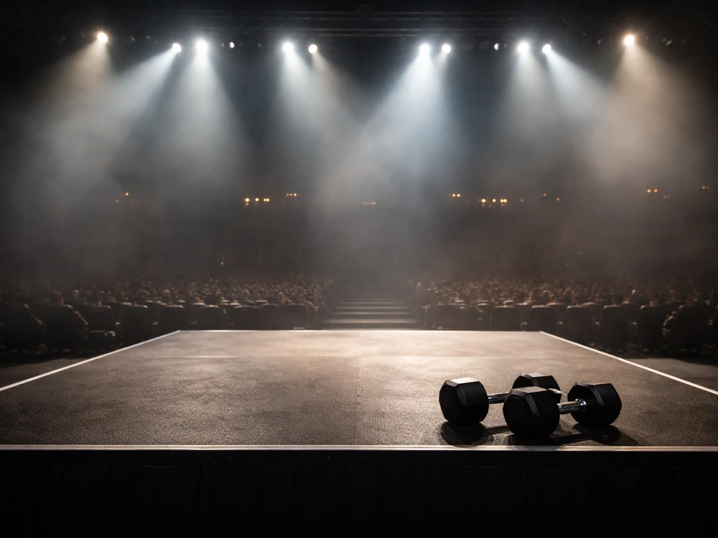 Empty bodybuilding stage with dramatic lights, showing a fitness competition atmosphere tied to earnings