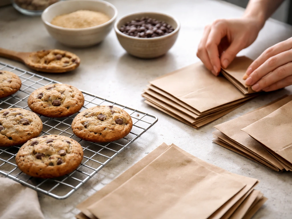 Close-up of freshly baked cookies on a tray with simple packaging and ingredients on a kitchen counter.