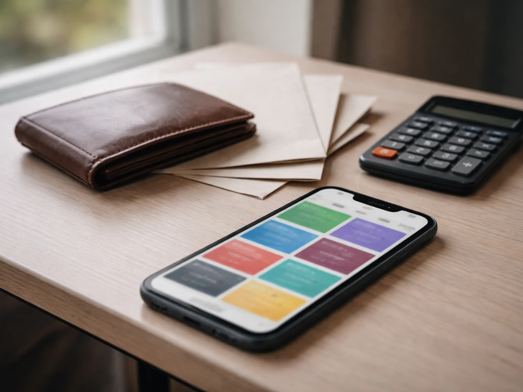 Minimal desk scene with scattered envelopes and a smartphone showing different financial app screens, no readable text.