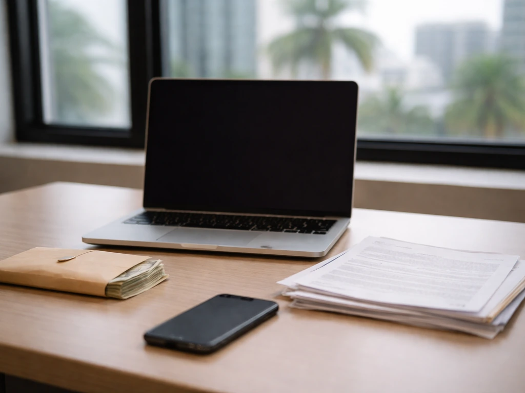 Minimal desk scene with a laptop, small cash envelope, and documents suggesting net worth calculation
