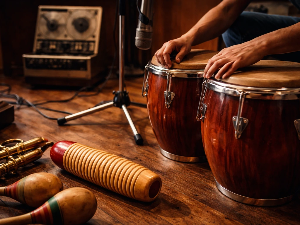 Hands adjusting congas and guiro near a vintage microphone in a simple salsa recording studio.