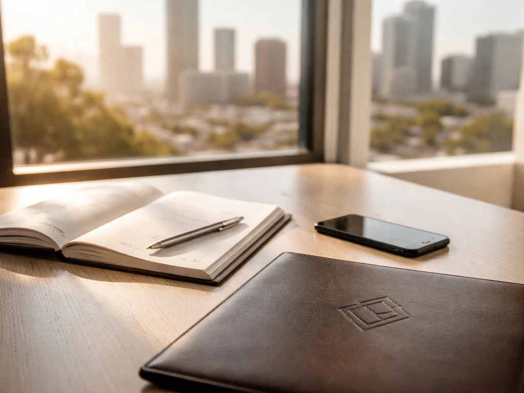 Real estate professional’s desk with sleek branding cues and a modern LA office atmosphere