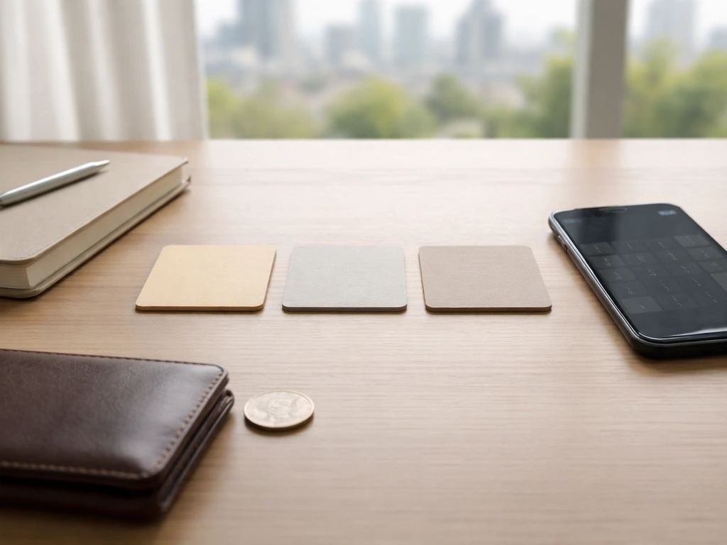 Minimal finance desk with three blank cards representing net-worth estimation approaches.