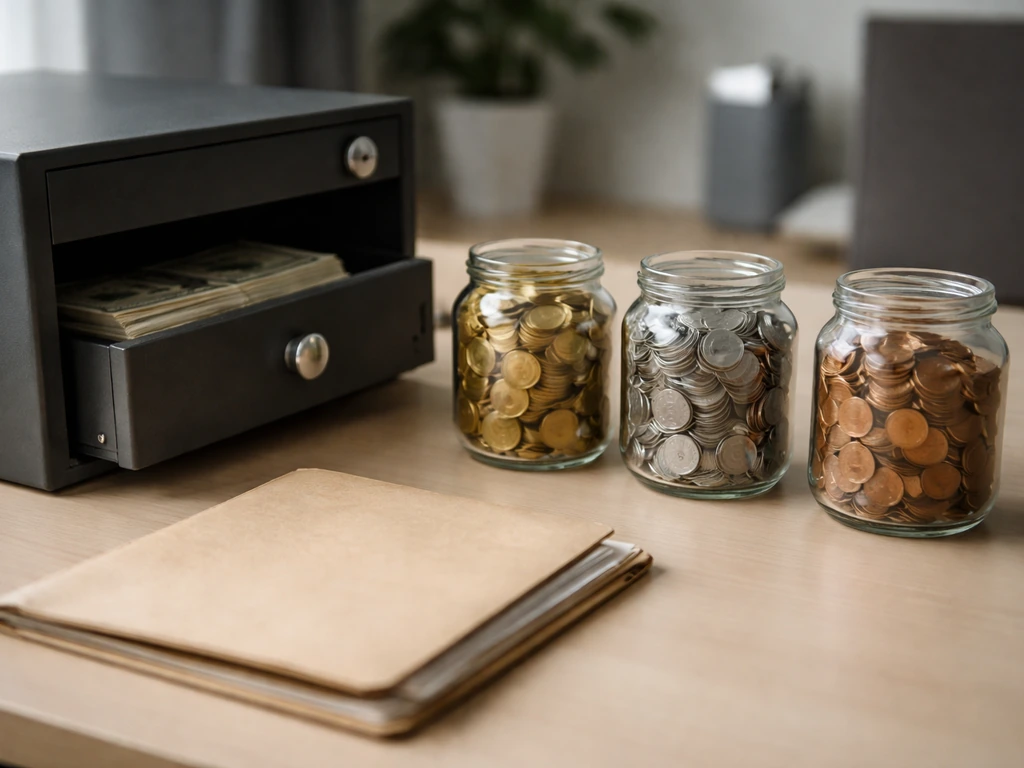 Minimal office scene with an open safe and coin jars suggesting allocation of money buckets.