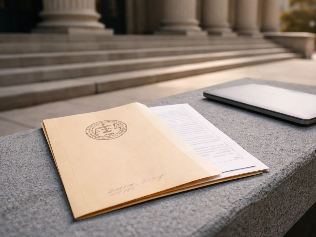 Open courthouse steps with a blurred legal file folder and laptop, symbolizing checking public court records.